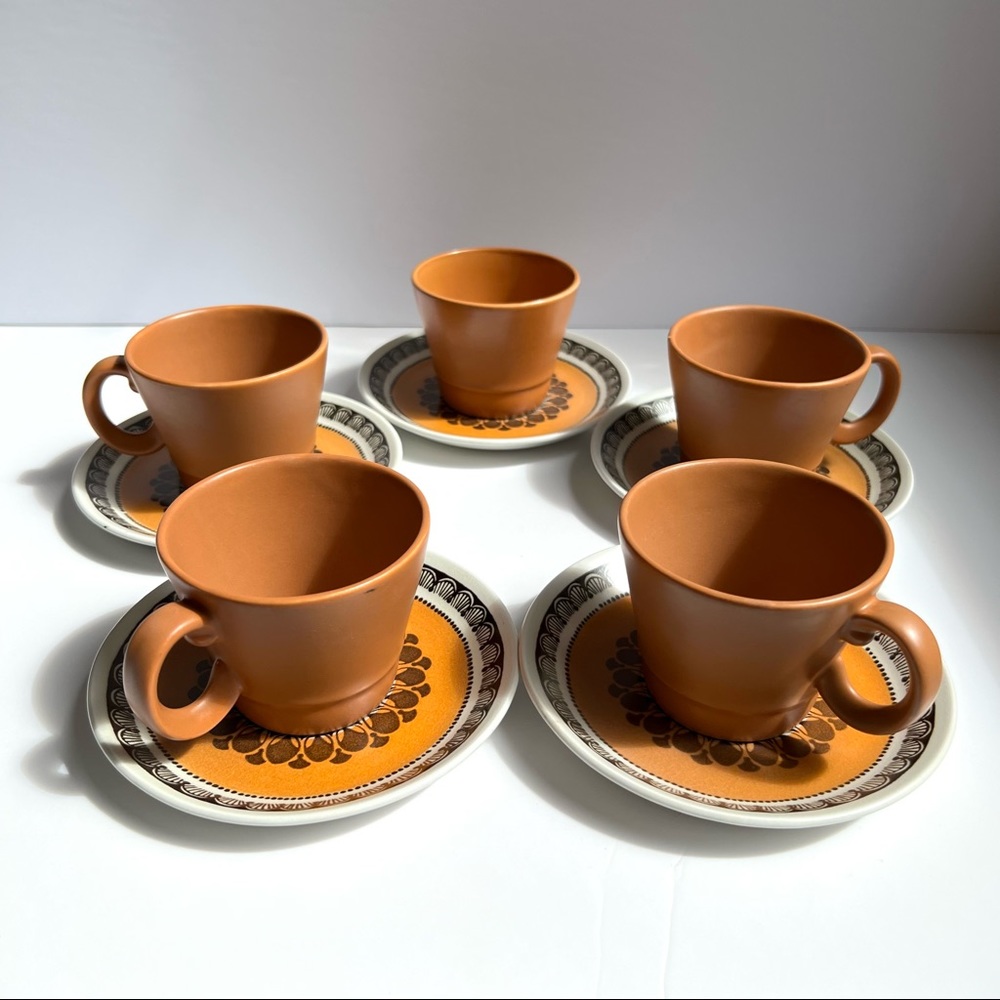 Vintage Retro Inca Wood & Sons 1970s Cup & Saucers Set of 5